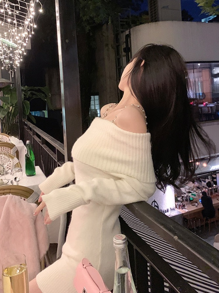 Pure Color Elegant Knitted Dress Woman Bodycon Slim Y2k Mini Dress Casual Party Korean Fashion Long Sleeve Dress Winter