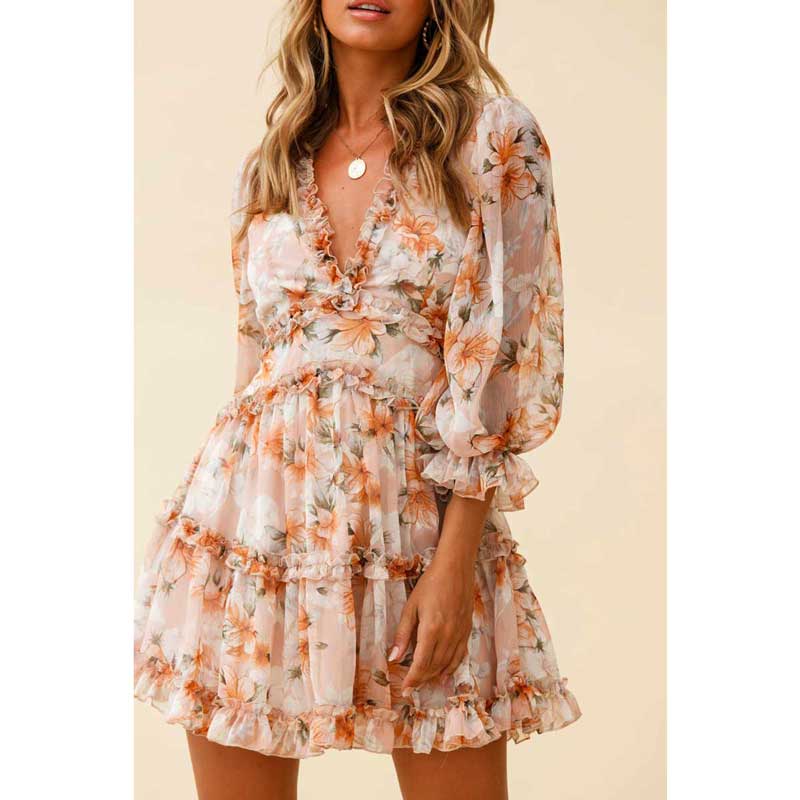 sixsr Harlow Floral Print Ruffle Dress women backless V-neck dress women mini summer dress ladies party dress