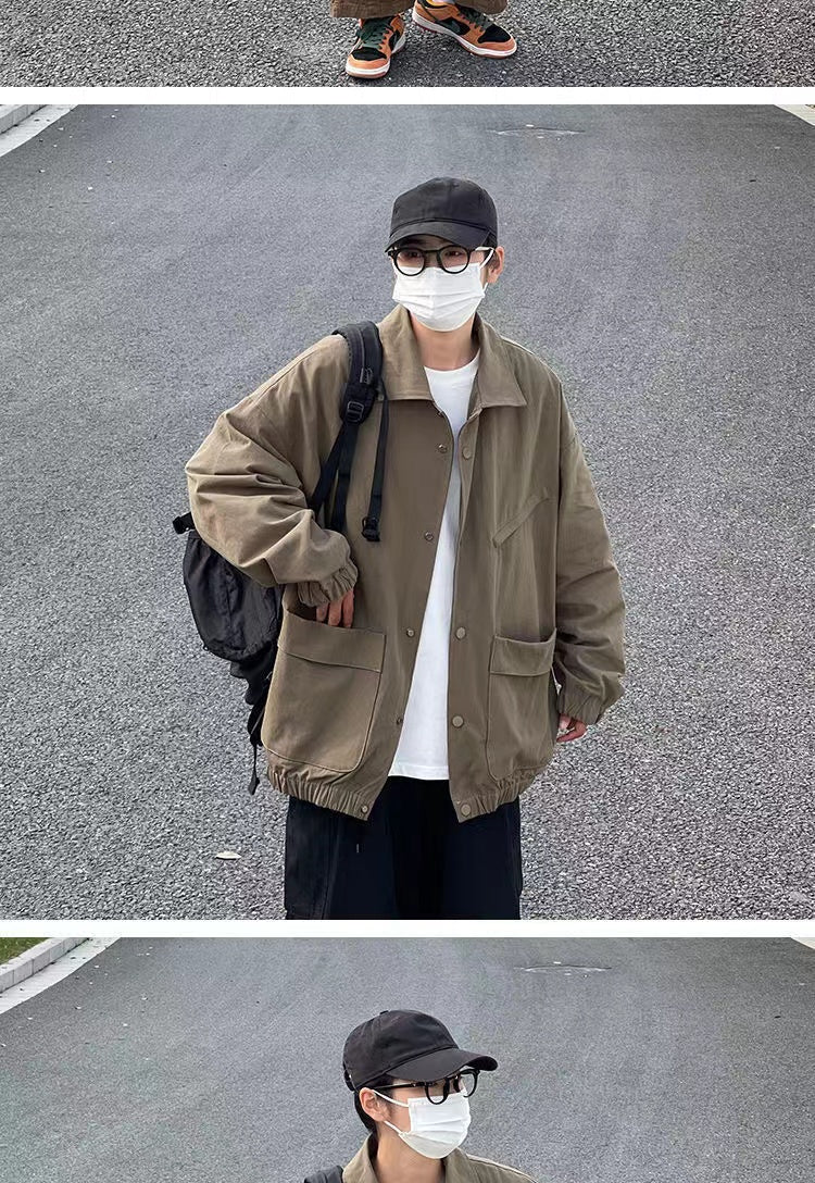 2024 Men's Japanese Vintage Lapel Collar Cargo Jackets Work Clothes Harajuku Loose Casual Coats Solid Color Outerwear M-2XL