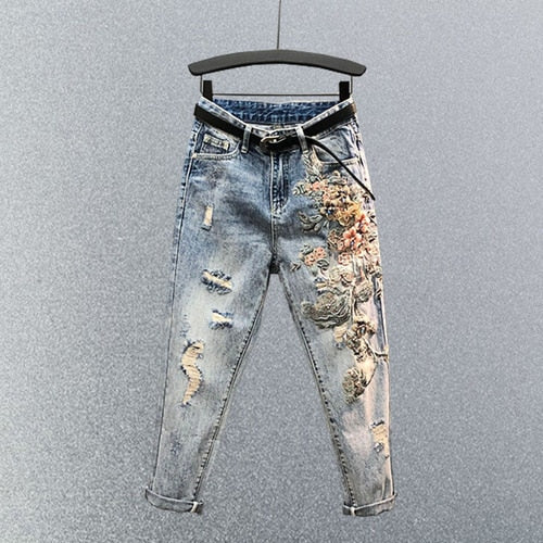 Embroidered High Waist Jeans Women's Summer Heavy Industry Beads Loose Slimming Holes Harem Pants Cropped Baggy Denim Pants