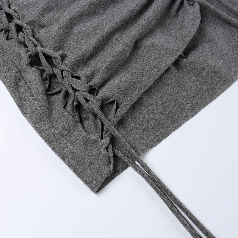 Dark Gray Hollow Out Mini Dress Sexy Drawstring Bandage Backless Summer Dresses for Women Birthday Party Clubwear