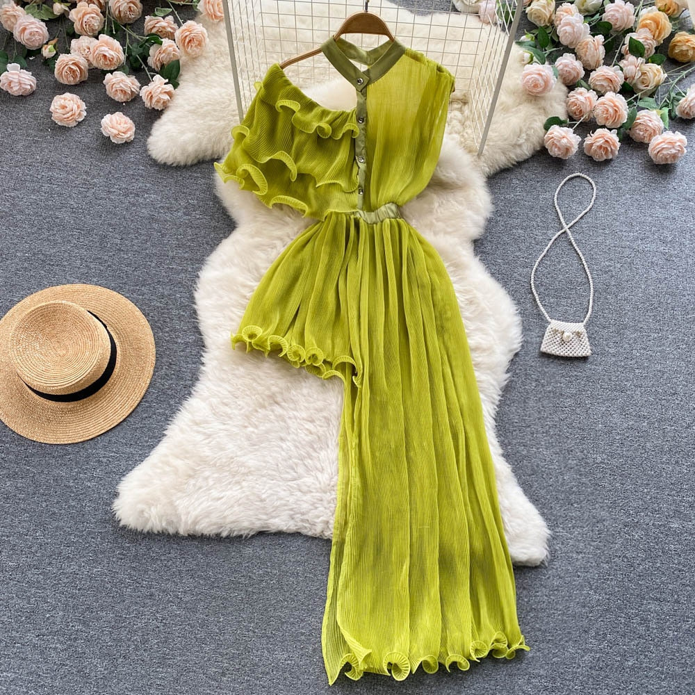 Summer Women Sexy Irregular Dress Elegant Female Ruffle Off Shoulder Slim High Waist Vestidos Green/White/Pink Robe New Fashion