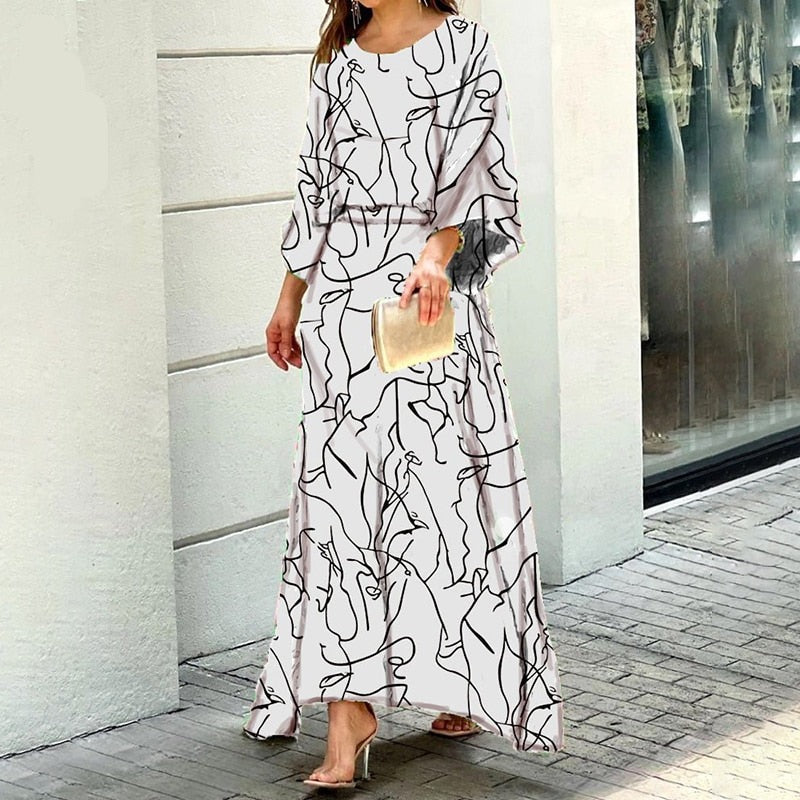 Women Two Piece Set Crew Neck Print Long Lantern Sleeve Top Elegant Dress High Streetwear Casual Beach Suit