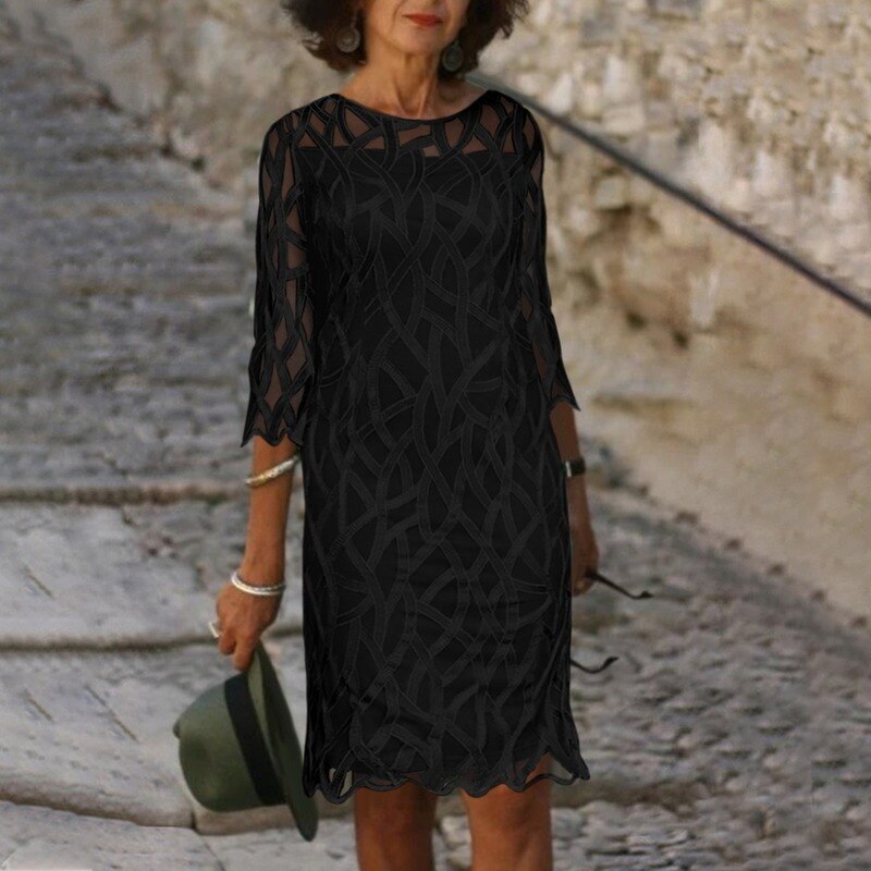 sixsr Fashion Trends Embroidered Dress Half Sleeve Casual Dress Sexy See-through Patchwork Lace Party Dress Women Fashion O Neck Loose Pullover Dress
