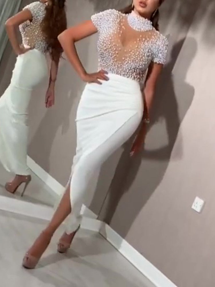 Sixsr Women Sexy Dress Transparent Tulle with Bead Tops Patchwork Slit Party Dresses Short Sleeves Female Summer Night Date Out