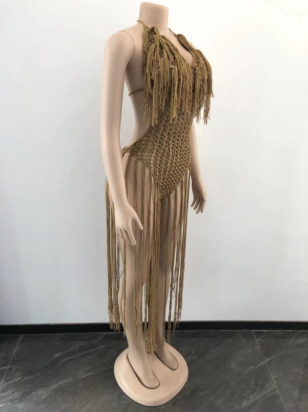 sixsr  Fashion Trends Knit Rib Tassel Bodysuit Rompers Sexy Fishnet Halter Lace Up V Neck See Through Jumpsuit Women Summer Beach Wear One Piece Dress