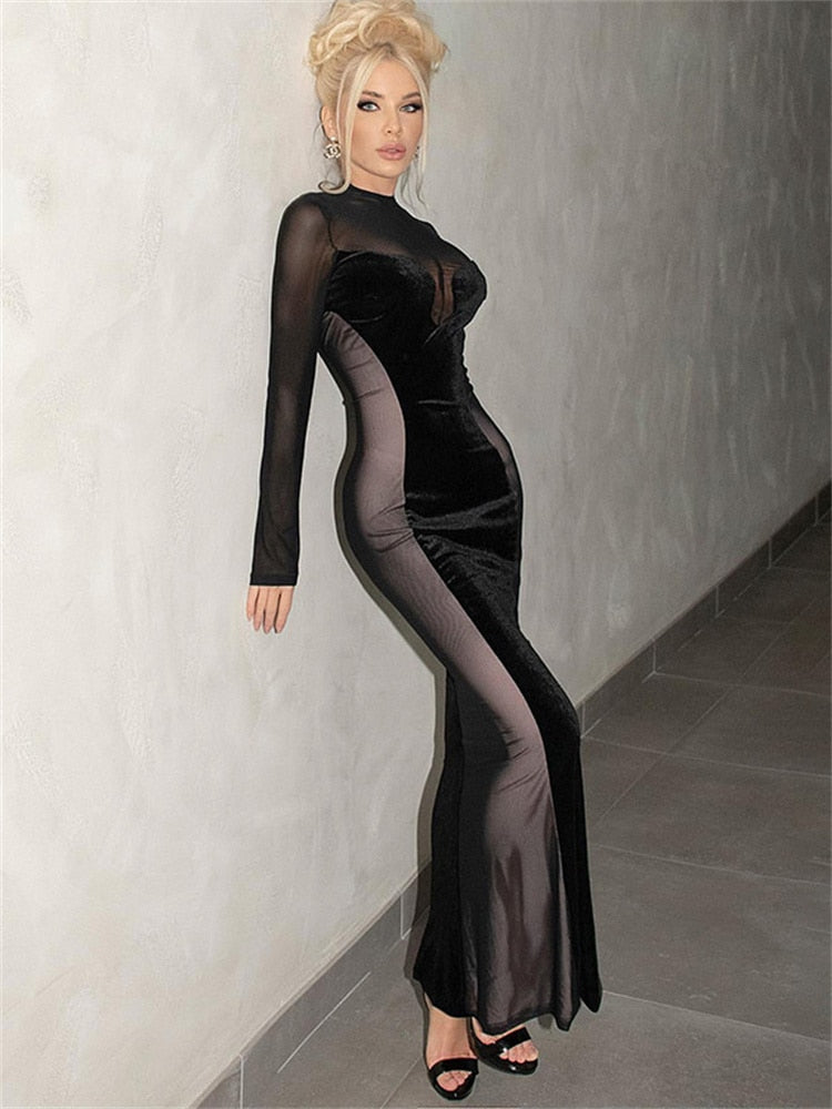sixsr Womens Fall Fashion Mesh Patchwork O Neck Long Sleeve Maxi Dress Women Autumn Winter Elegant Sexy See Through Party Dresses Club Outfits