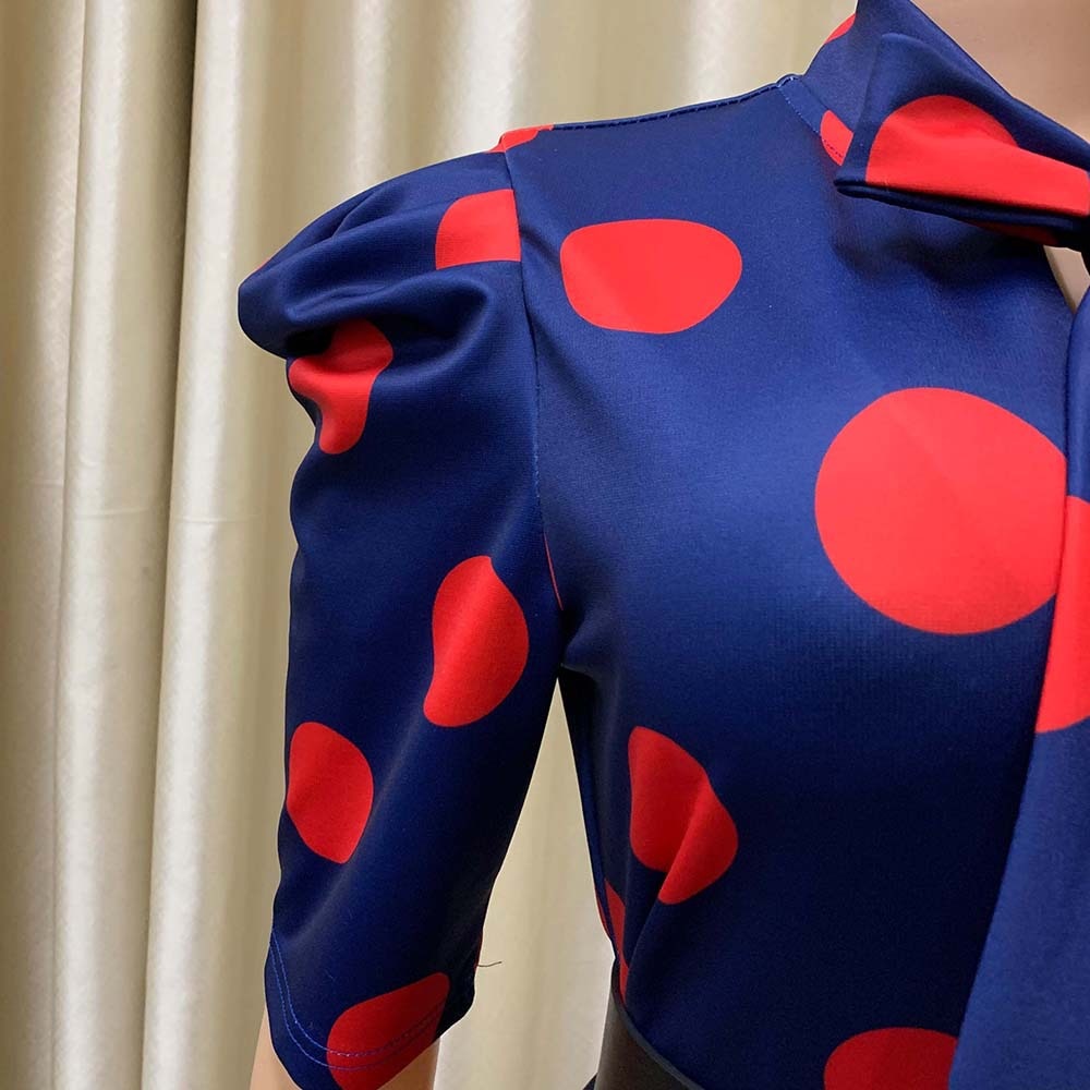Elegant Office Dresses for Ladies Business Dot Printed High Waisted Short Sleeve Mid Calf Fashion Work Wear Cloth Dress OL