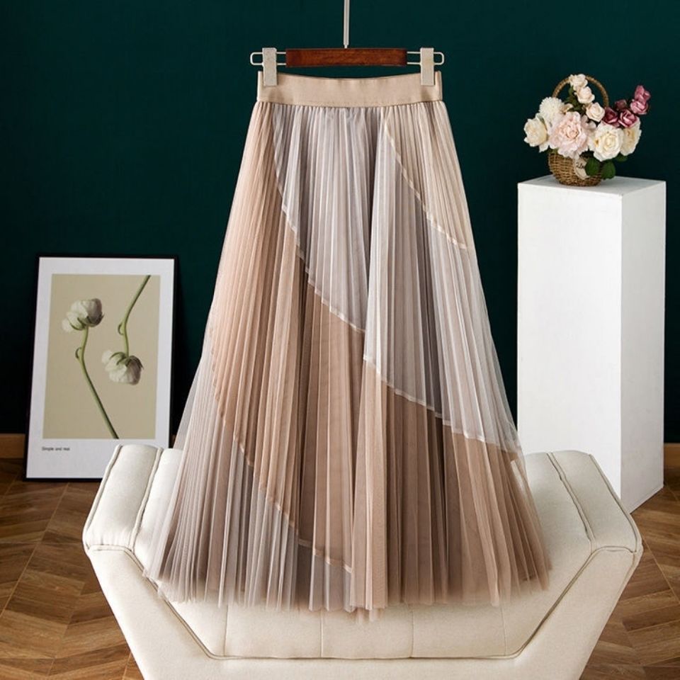 Sixsr Gauze Patchwork Pleated Midi Skirts Spring Summer New Fashion Streetwear Casual Elastic High-waisted Women's Skirt