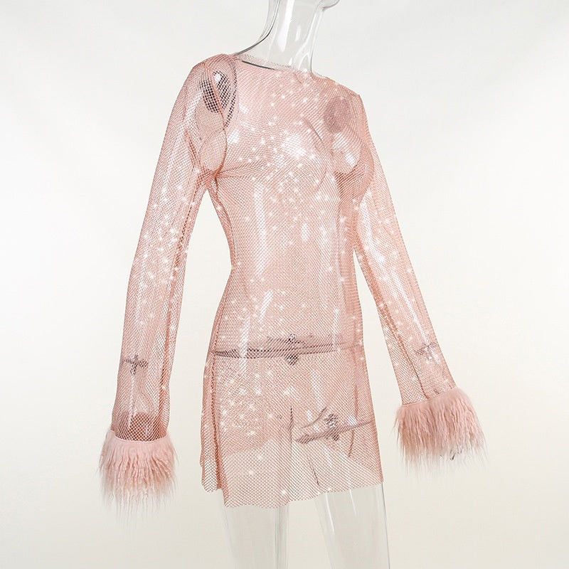 Round Collar See Through Dress Women Sexy Long Sleeve Elegant Female Clubwear Solid Mesh Tassel White Feather Mini Dress