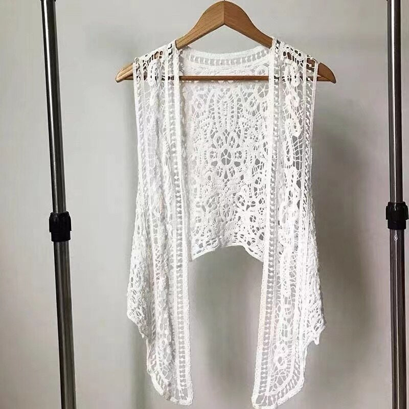 sixsr Asymmetric Open Stitch Cardigan Summer Beach Boho Hippie People Style Crochet Knit Embroidery Blouse sleeveless Vest