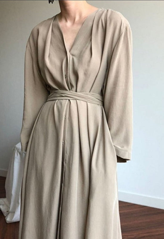 sixsr New  Lace Up Buttons Women Spring Summer Dresses Fashionable V-Neck Vintage Oversized Lady Pure Long Dress DR1150