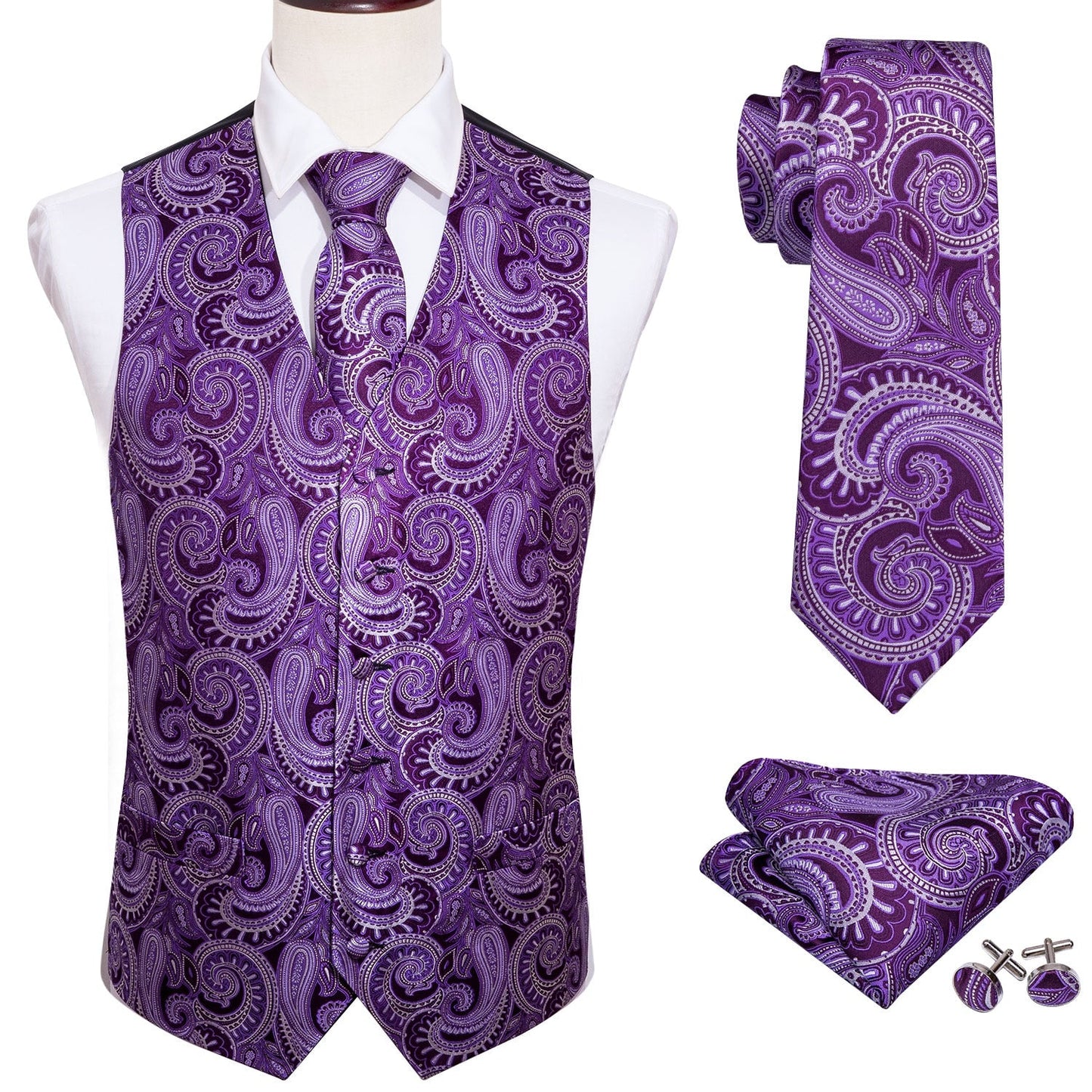 Sixsr 4PC Mens Extra Silk Vest Party Wedding Gold Paisley Solid Floral Waistcoat Vest Pocket Square Tie Suit Set Barry.Wang BM-2017