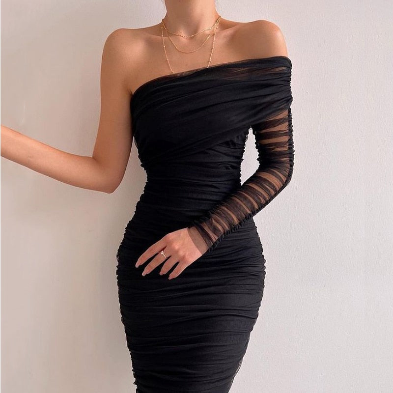 Sexy Diagonal Neck Backless Party Dress Women Fashion One Shoulder Long Sleeve Mesh Dress Elegant Temperament Slim Solid Dresses