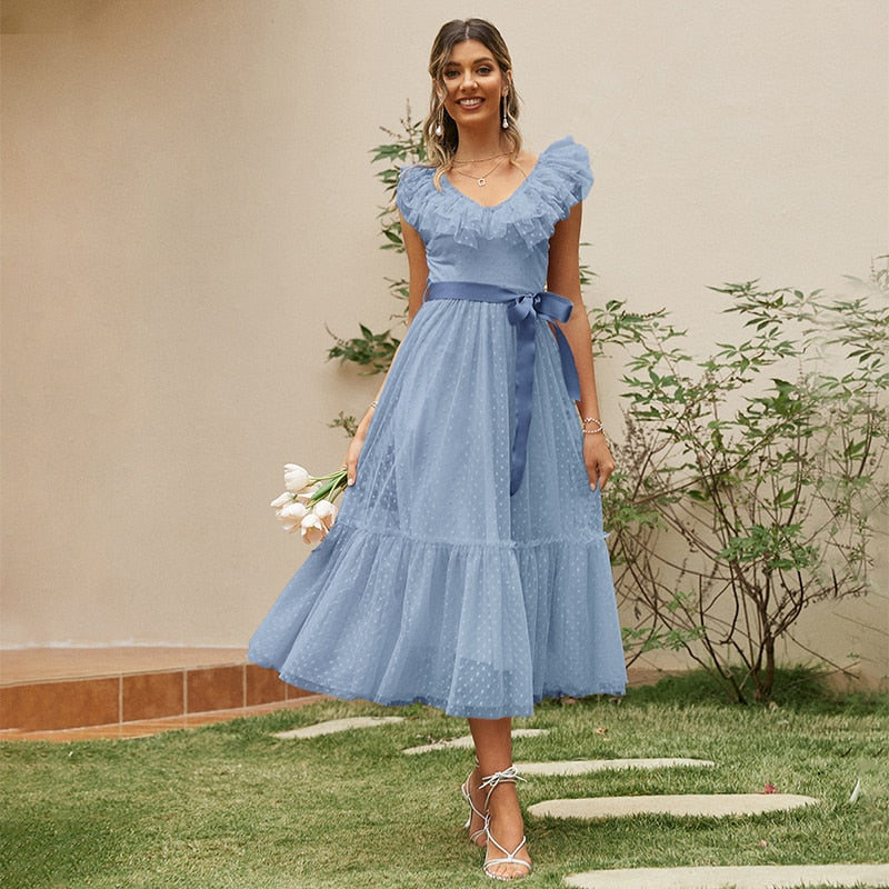 sixsr Fashion Trends V-neck mesh polka dot summer tulle party dress women Backless pink ruffle sleeveless dresses Elegant sash maxi vestido