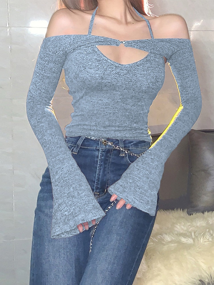 Sixsr Y2K Top Women Long Sleeve T-Shirts 2 Piece Tops Halter Tanks Backless Crop Top Off Shoulder Tees Sexy Christmas Clothes