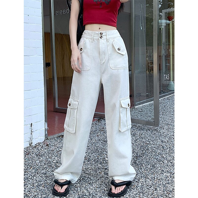 Cargo Pants for Women New High Waisted Pockets Korean Baggy Wide Leg Pants Streetwear Casual Full Length Pants