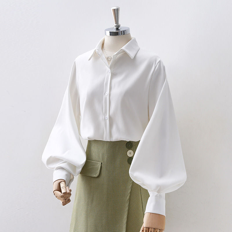 Sixsr Lantern Sleeves Vintage Shirts Women Elegant White Womens Blouse with Lush Sleeves Fashion Button Up Shirt Black