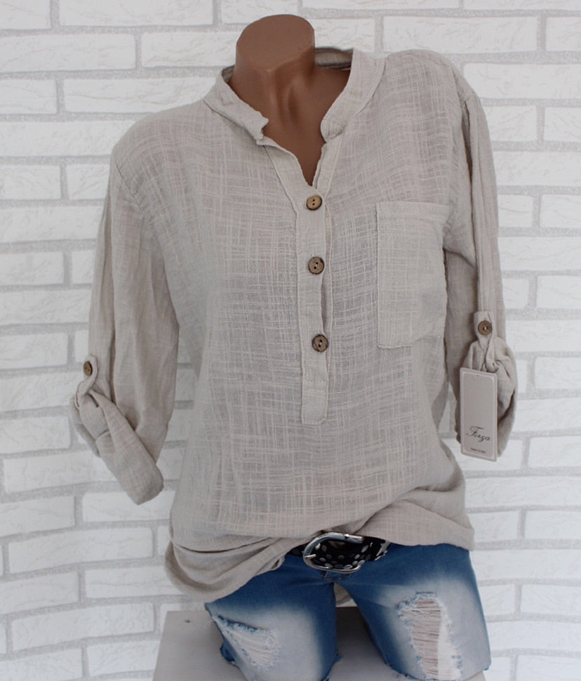 Sixsr Oversized Women Blouses Cotton Linen Blouse Autumn Shirts Casual Long Sleeve Button V Neck Loose Shirt Lady Tops Plus Size S-5XL