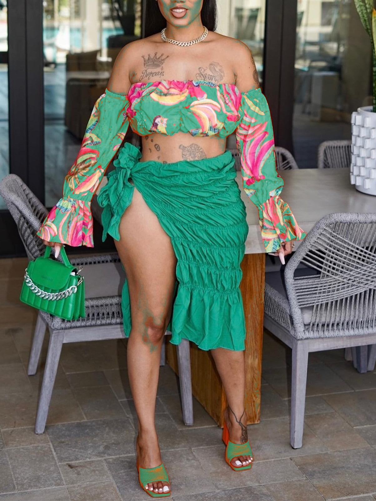 sixsr  Summer Beach Style Two Piece Set Women Fashion Sexy Printed Off The Shoulder Tube Top Fold Lace-up Slit Skirt 2 Piece Suit Women