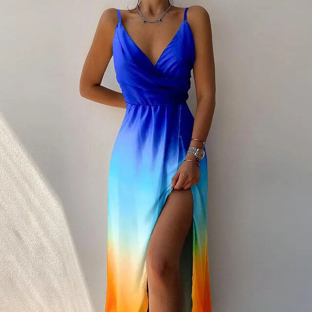 Sexy High Split Up Long Dress For Women Summer Print Party Dress Sleeveless Slip V Neck Elegant Dresses Ladies Evening Robe