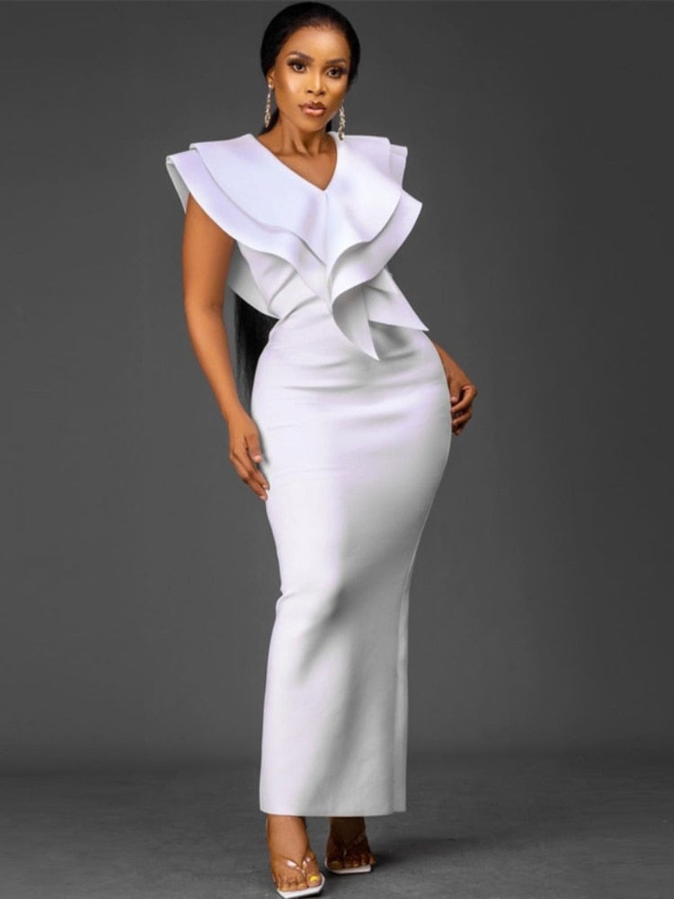 Women White Long Dress V Neck Ruffles Sexy Party Celebrate Bodycon Event Occasion Vestidos Female Robes Night Date Out Clubwear
