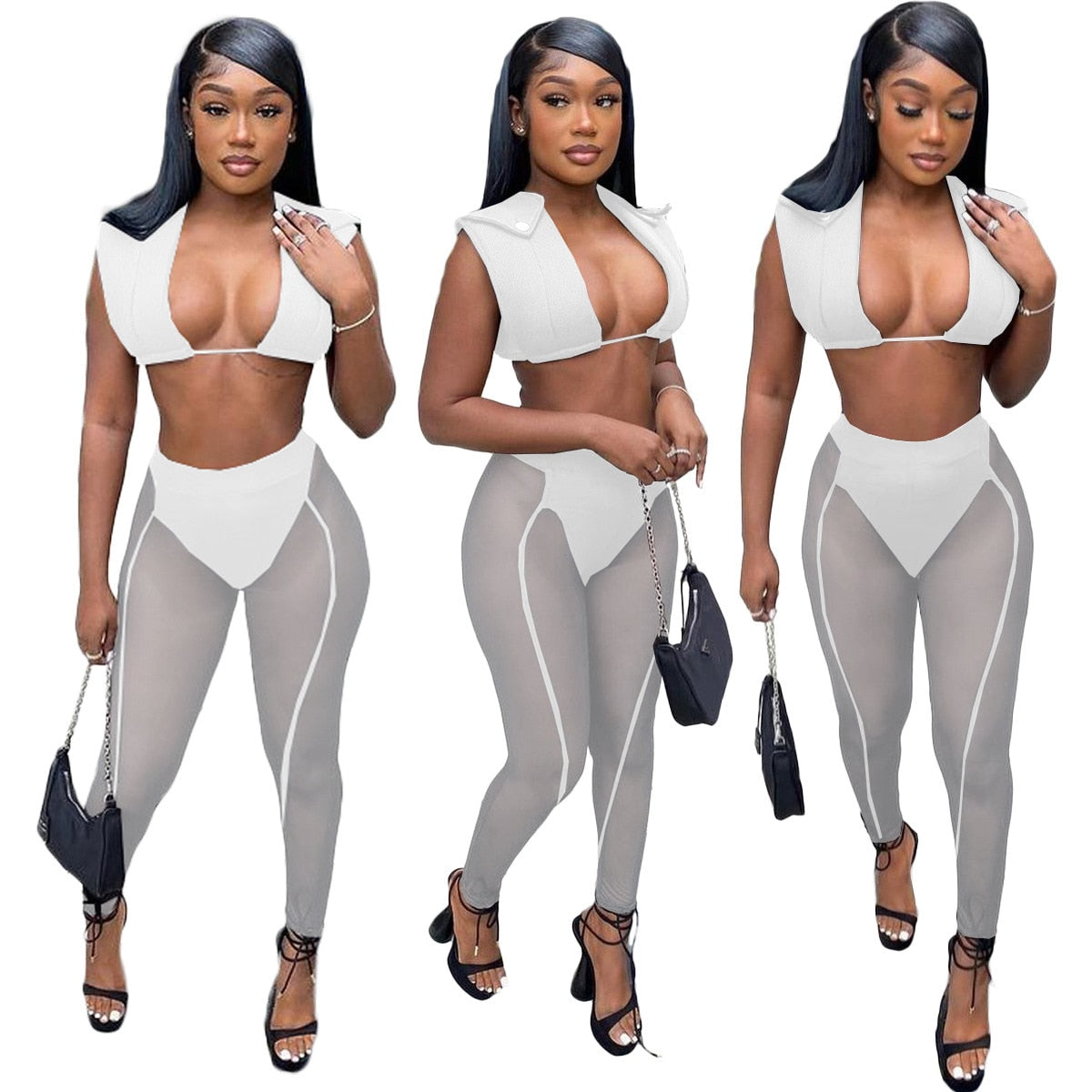 sixsr Womens Fashion 3 Pieces Set Bandage Lace Up Halter Crop Top Sheer Mesh Pants set Party Night Club Outfits Streetwear See Through Cloth