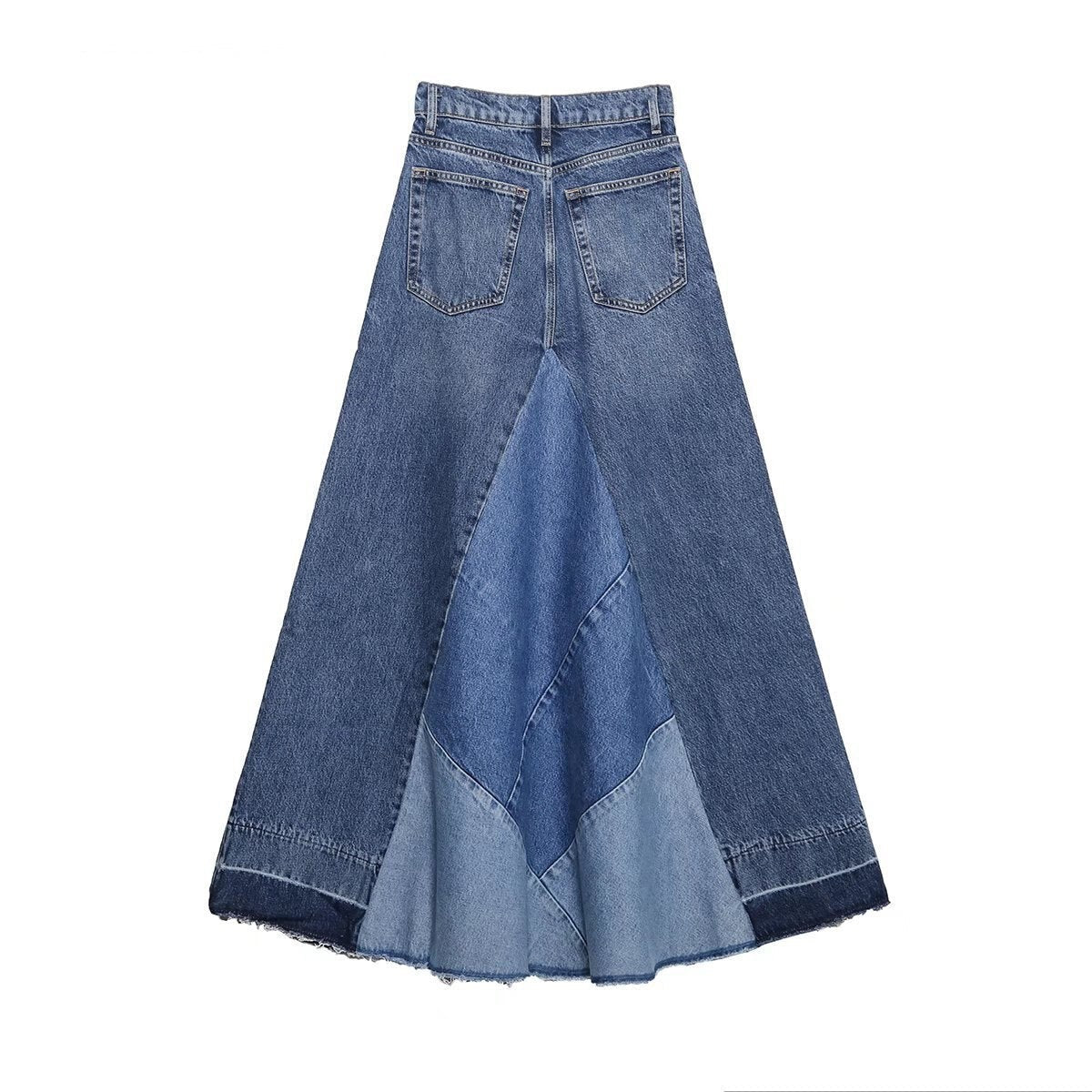 Women Fashion Denim Blue Skirts Highstreet Patchwork High Waist Midi Skirts A-Line Design Female Bottoms