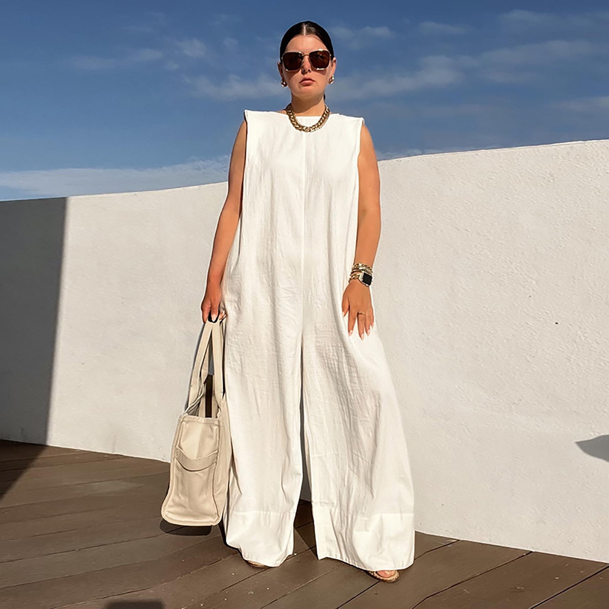 Solid Color Sleeveless Wide Leg Fitness Summer Fashion Female Loose White Black Casual Cool Jumpsuits for Women