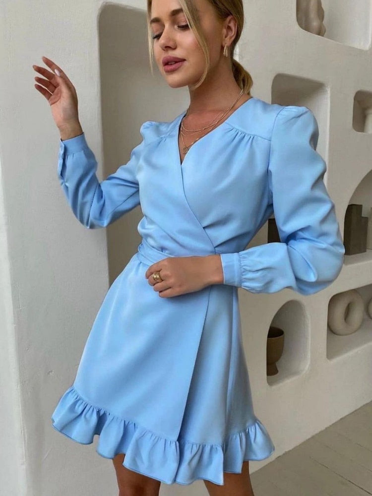 sixsr Casual Ruffle Mini Dress Ladies Elegant Long Sleeve V-Neck Party Dress New Fashion Solid Sweet Spring Dresses Women Clothes