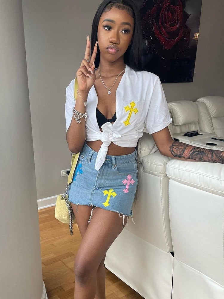 sixsr  Womens Fashion Denim Skirt Pattern Emboridery Tassel Pocket Zipper Straight Hot Women Bottoms Holiday Vocation Casual Wear Y2k Clothes
