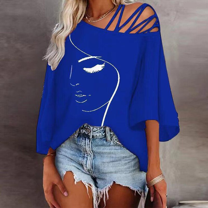 Retro Abstract Print Women Tee Shirts Spring Skew Collar Bandage Hollow Top Pullover Autumn Half Sleeve Office Lady T-shirt