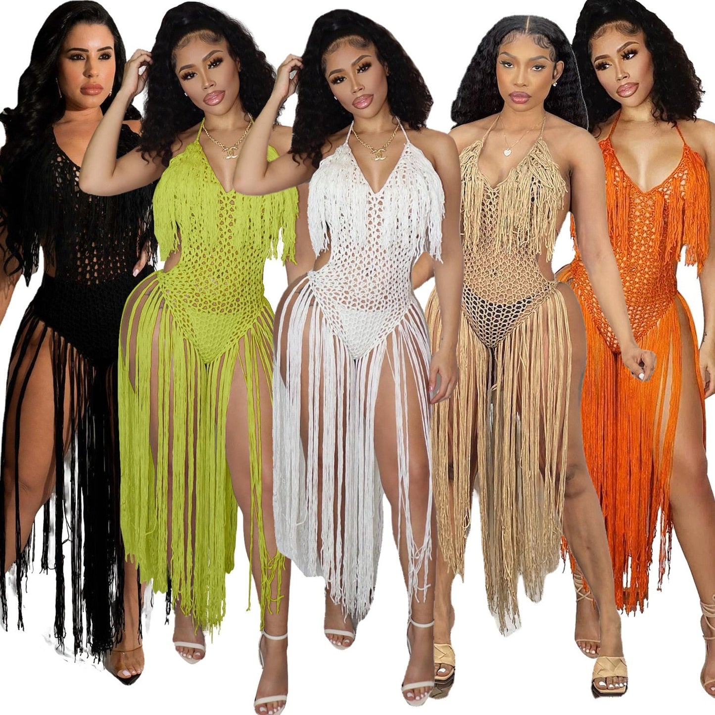 sixsr  Fashion Trends Knit Rib Tassel Bodysuit Rompers Sexy Fishnet Halter Lace Up V Neck See Through Jumpsuit Women Summer Beach Wear One Piece Dress