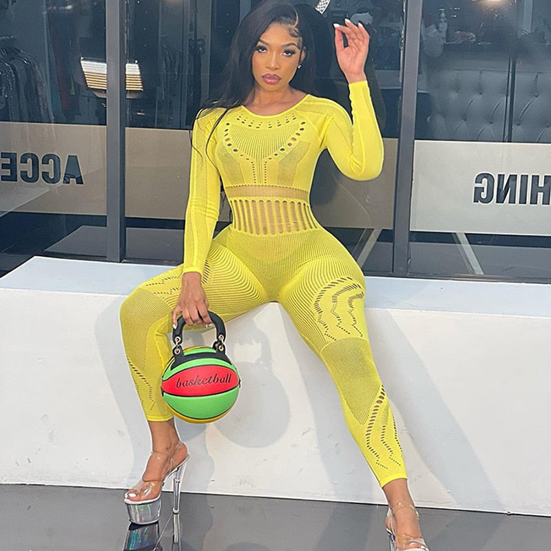 sixsr Hollow Out Knitted Mesh Jumpsuits Women Sexy See Through Long Sleeve Hipster Stretchy Skinny Overalls Clubwear Romper