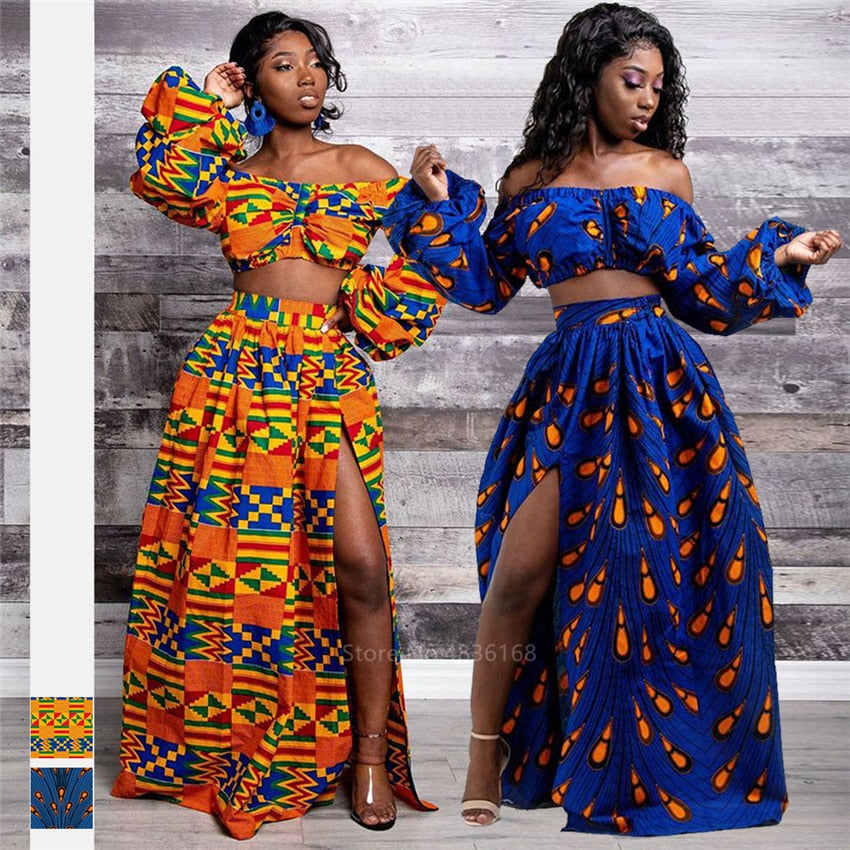sixsr African Dresses for Women Autumn 2-piece Set Lady Full Sleeve Shoulder Off Festher Dashiki Print Split Skirts Africna Clothes