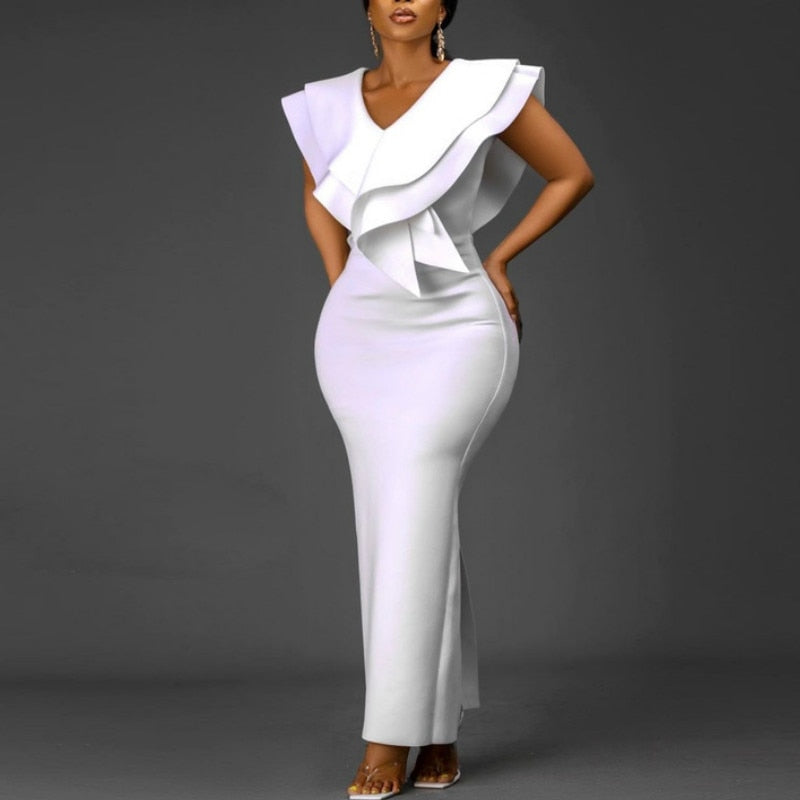 Women White Long Dress V Neck Ruffles Sexy Party Celebrate Bodycon Event Occasion Vestidos Female Robes Night Date Out Clubwear