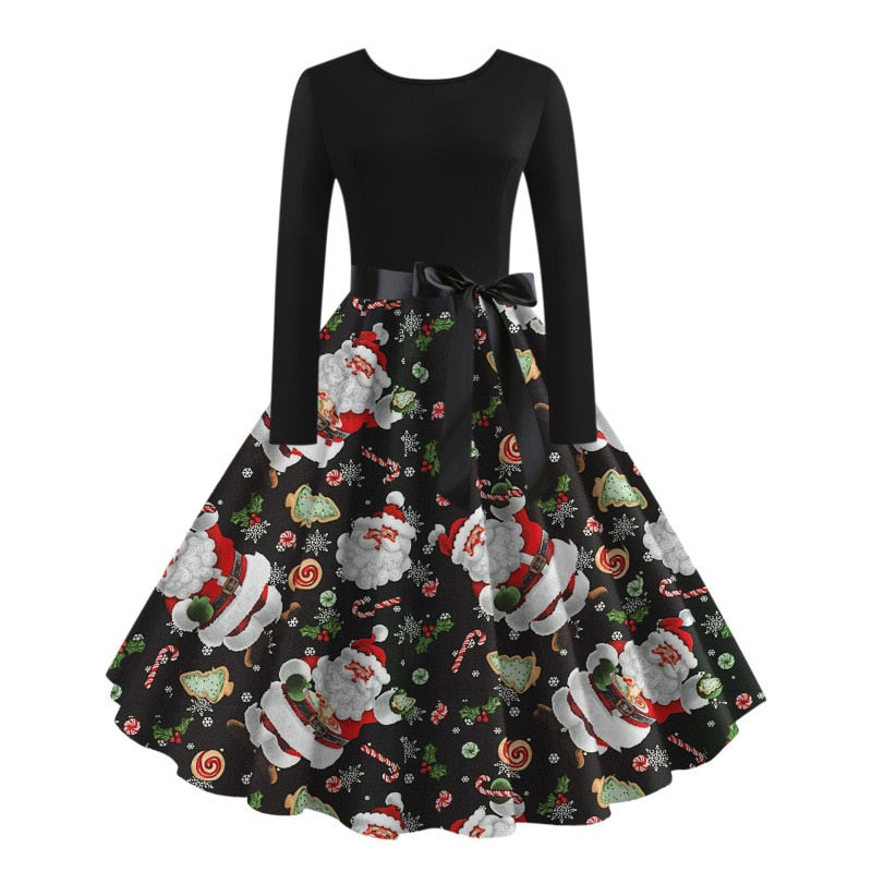 Christmas Halloween Costumes Retro Positioning Print Party Casual Long Sleeve Round Neck Swing Dress