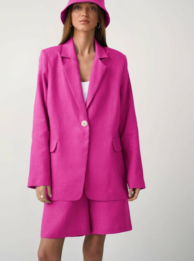 sixsr Fashion Trends Office Cotton Linen Outfit Spring Autumn Notched Loose Long Sleeve Blazer Fashion Lady Women Suits High Waist Shorts Sets