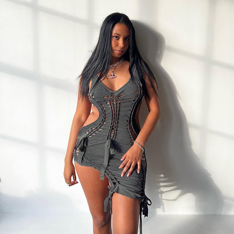 Dark Gray Hollow Out Mini Dress Sexy Drawstring Bandage Backless Summer Dresses for Women Birthday Party Clubwear