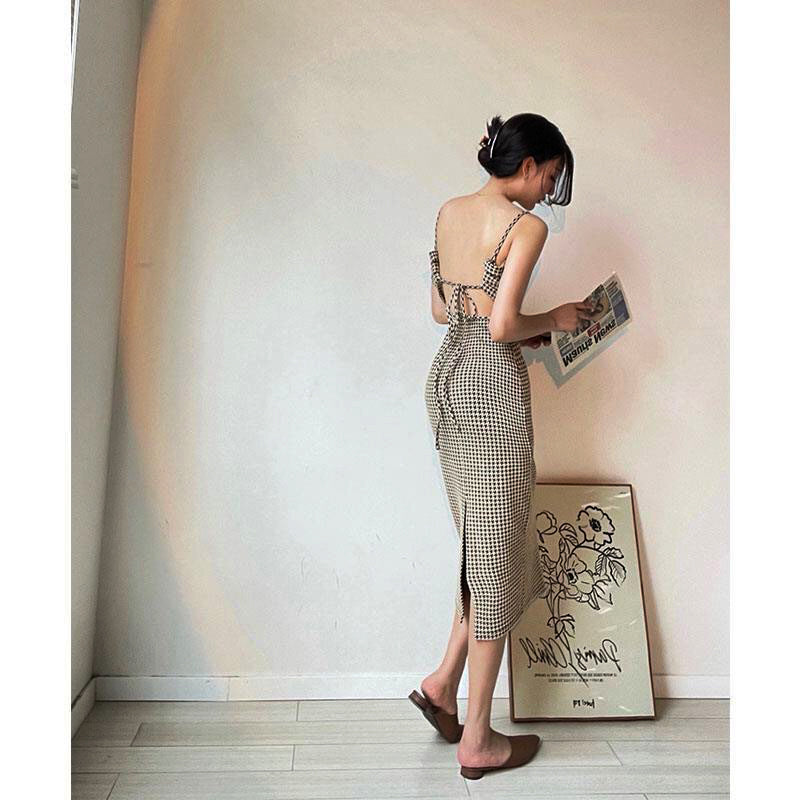 sixsr Women's Dresses Party Sexy Dresses Elegant Summer Women's Houndstooth Print Tight Bandage Dresses Club Gala Party Long Dres