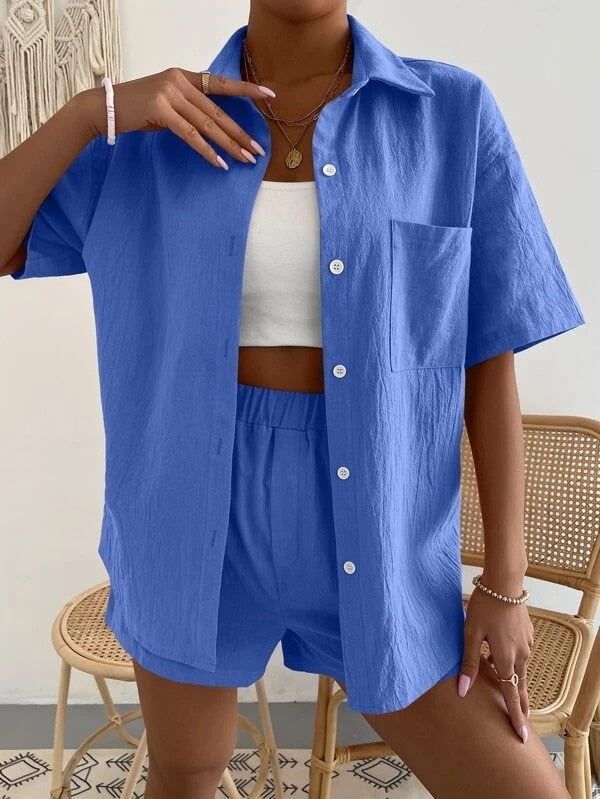 Long Sleeve Single-breasted Top + Broad-legged Shorts Set Fashion Ladies Sexy Solid Suits Summer 2 Piece Outfits For Women