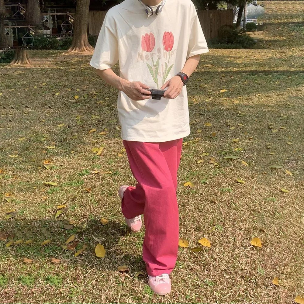Sixsr American High Street Hip-hop Vintage Pink Jeans Mens Spring Summer Street Y2k Solid Wide-leg Jeans Pants Loose Straight Trousers