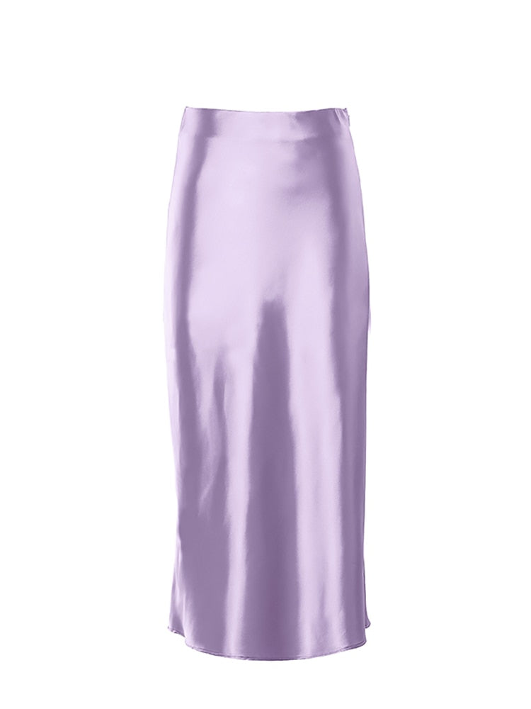 sixsr Solid Purple Satin Silk Skirt Women High Waisted Summer Long Skirt New Elegant Ladies Office Skirts Midi Spring