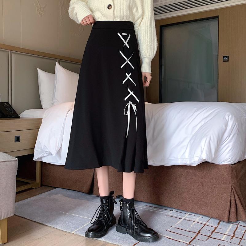 Spring/Autumn Women Skirts High Waist Student Korean Style Dark Vintage Ruffle Long A-line Skirts Women Fashion