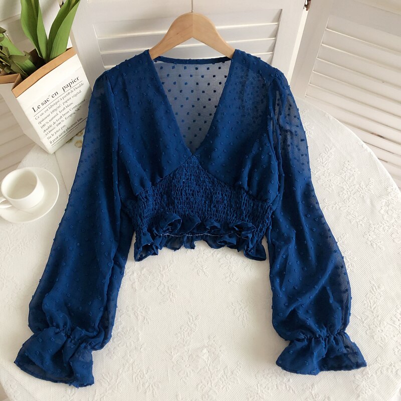 Sixsr Women Fashion Spring Women Sweet Spot Blouse Ladies Fashion Chiffon Pullover Shirt V-neck Slim Long Puff Sleeve Folds Tunic Short Top