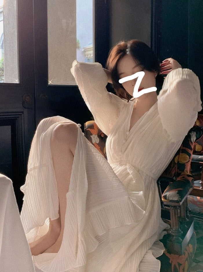 Pure Color French Elegant Dress Woman Long Sleeve Fairy Midi Dress Casual Summer Slim Party One Piece Dress Korean Design