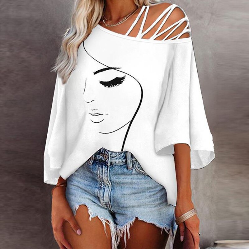 Retro Abstract Print Women Tee Shirts Spring Skew Collar Bandage Hollow Top Pullover Autumn Half Sleeve Office Lady T-shirt