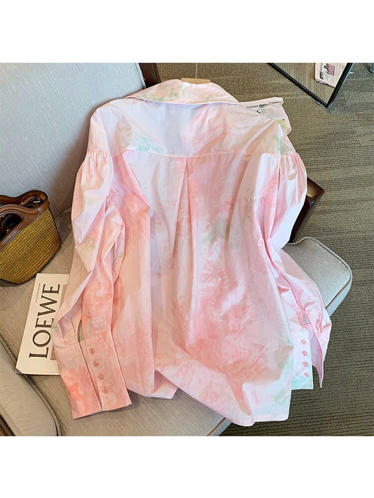 Korean Fashion Tie Dye Loose Long Sleeve Single Breasted Shirt Spring Women's Turn-Down Collar Casual Female Blouse