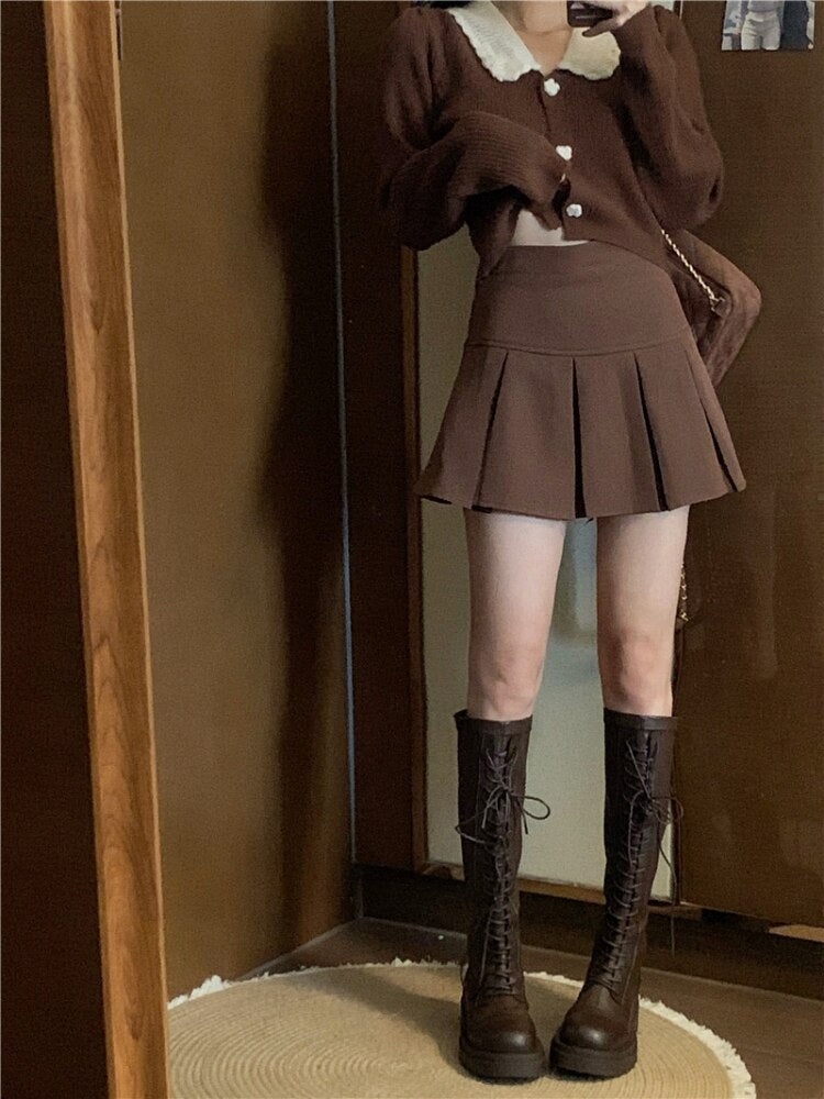 Sixsr Vintage Knitted Suit Women's Spring Korean Style Warm Mini Skirts Trend Chic Elegant Sweater Women's Skirt and Cropped Set