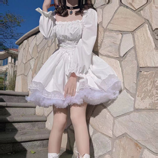 sixsr Womens New Trends White Lolita Dress Kawaii Vinatge Long Sleeve Mini Dresses Black Gothic Bandage Lace Patchwork Streetwear Square Collar